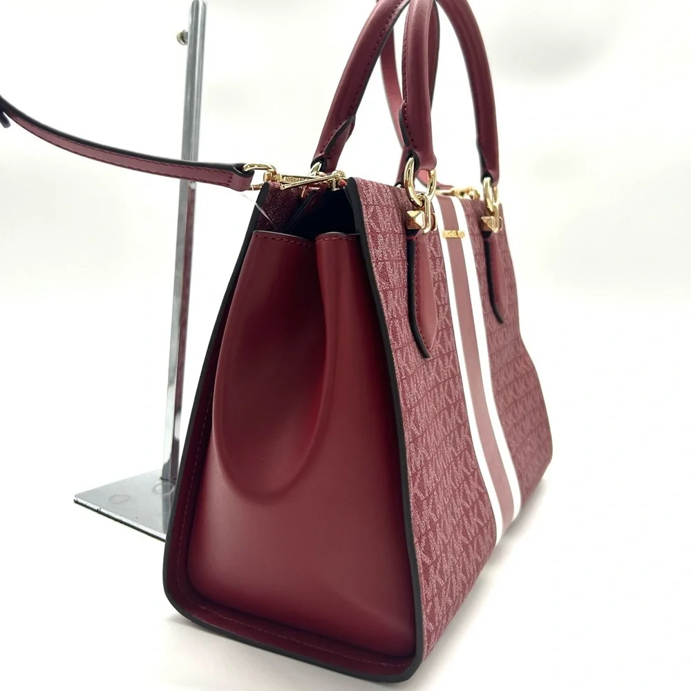 Michael Kors Marilyn Medium Signature Logo Stripe Satchel Bag Cherry